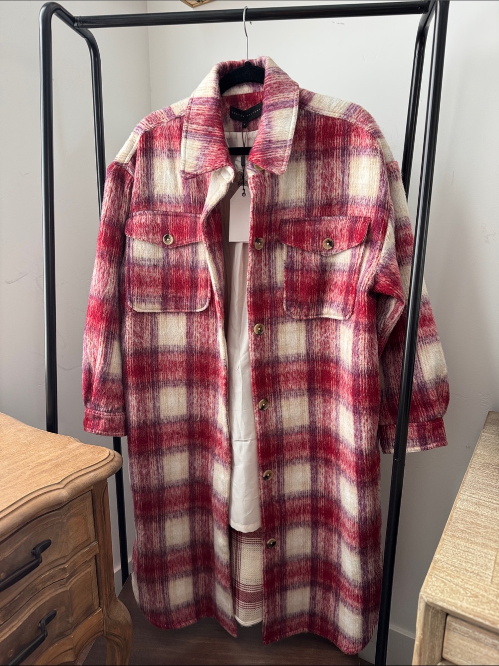 English Factory Red and Cream Plaid Long Shacket Coat
